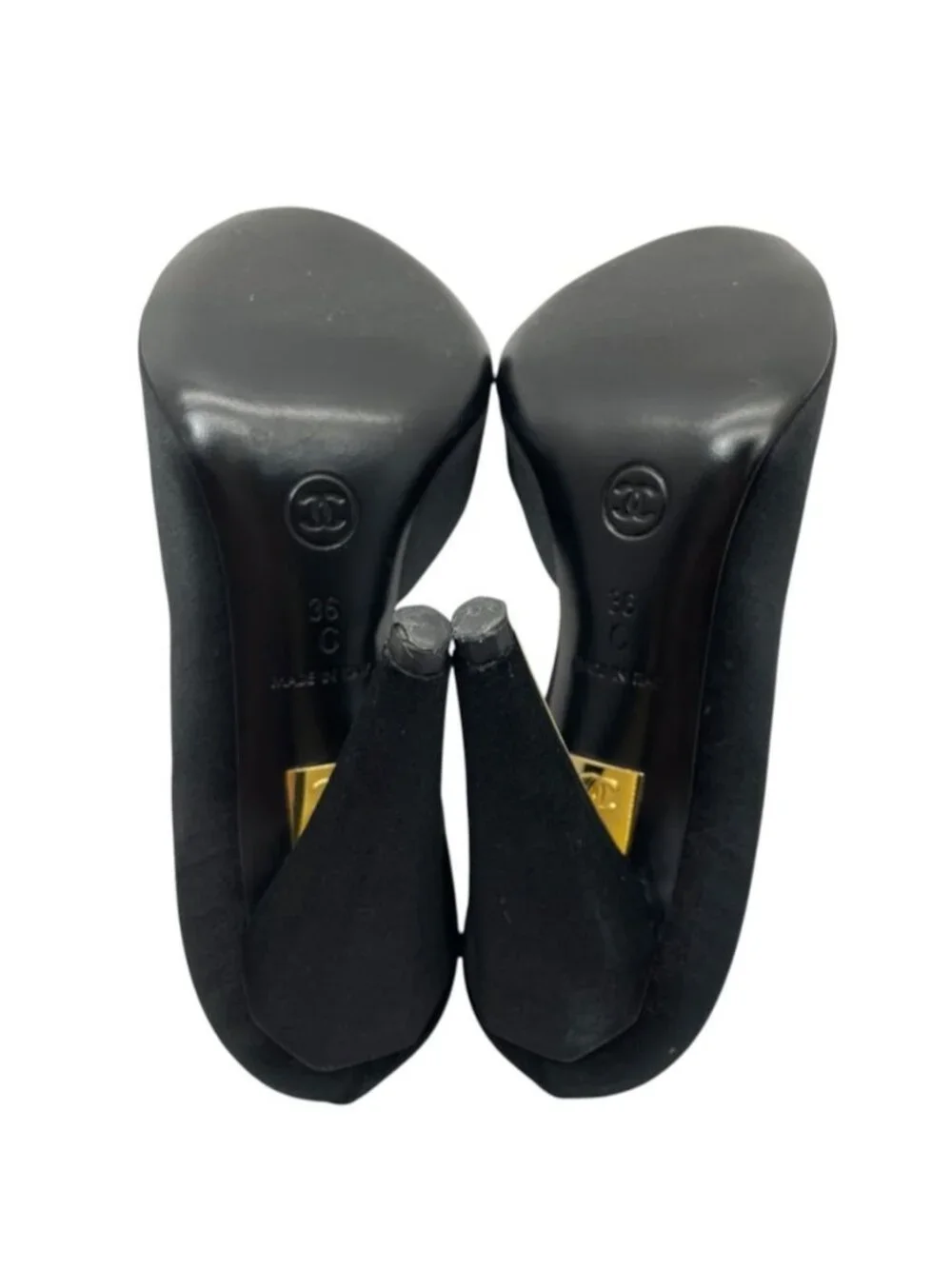 Chanel Pumps High Heels Open Toe Satin Leather Black Gold Shoes Casual